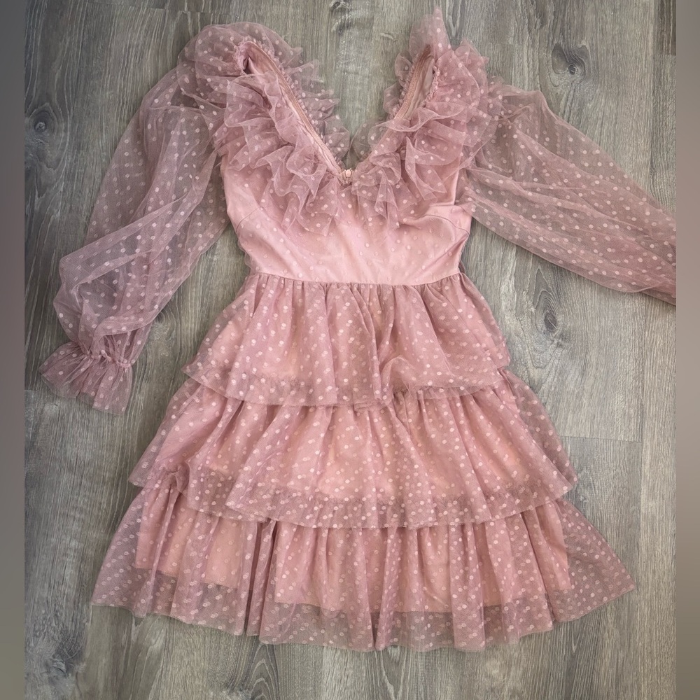 Girls Pink Dot Ruffle Tiered Party Dress